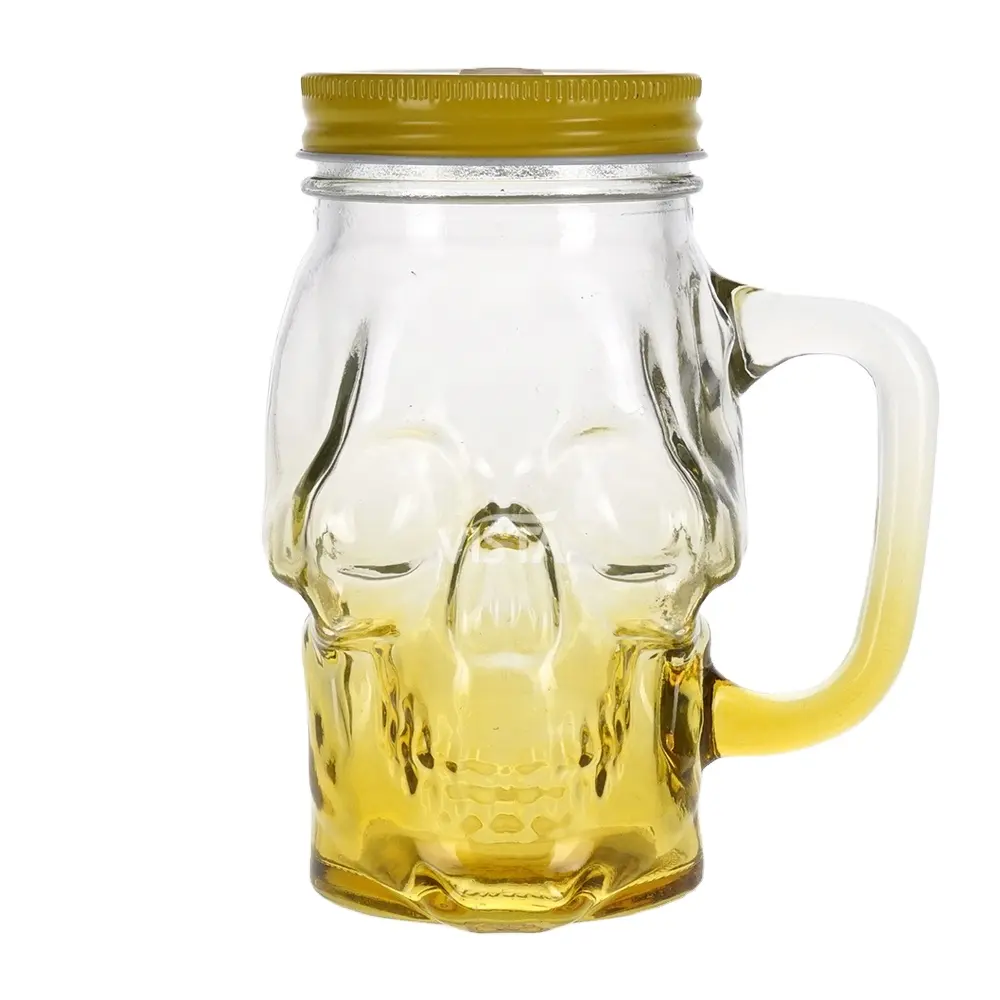 Trasparente Con Giallo Bevanda Vaso con coperchio a vite di tipo quadrato con giallo colore spray e del cranio rilievo di Vetro 480ml vaso