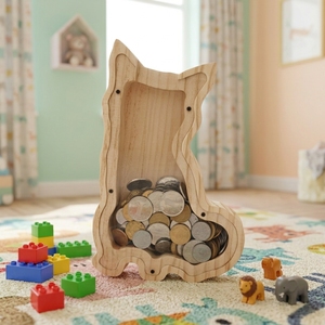 Hucha de madera de pino macizo tallada y grabada en 3D con forma de gato, decoración de mesa para niños, cumpleaños y educación financiera - Product Image 4