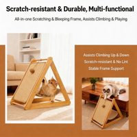 Griffoir pour chat avec nid intégré, durable, en sisal et pin, structure d'escalade triangulaire en bois massif, coussin en chanvre, compact pour petits espaces