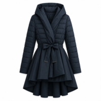 Manteau d'hiver matelassé à capuche bleu marine pour femme, coupe ajustée avec ceinture à la taille et jupe évasée, idéal pour les soirées