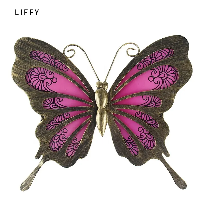 Liffy Hot Sale Garden Decor Home Decor Metal With Glass Pink Butterfly Print Wall Art Decor