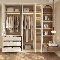 Armoire sur mesure à portes françaises cintrées avec bureau flottant, niche ouverte, éclairage LED, bord incurvé, placard intégré, meuble de rangement pour chambre à coucher