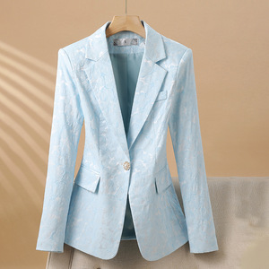 Light Blue Women's Blazer With Floral Pattern Slim Fit Long Sleeve Elegant Office Wear - Product Image 1