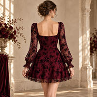 Robe mini personnalisée pour femme en maille transparente à motif floral floqué, col cœur, manches longues bouffantes, ourlet à volants, coupe trapèze