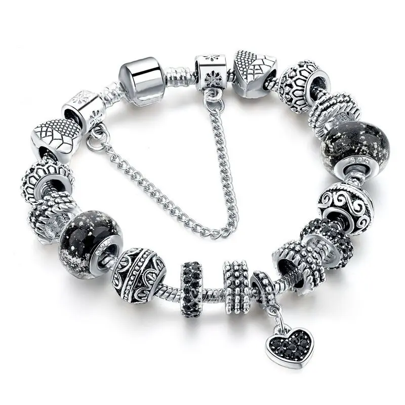 Wholesale Fashion Jewelry Vintage Style DIY Big Holes Crystal Beads Bracelet For Women Romantic Heart Charm Bracelet