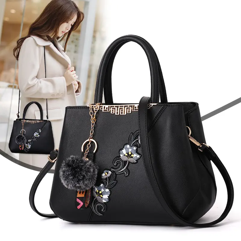 Bolsas de couro pu clássico personalizadas, sacola de mão para mulheres com flores de alta qualidade com alça superior