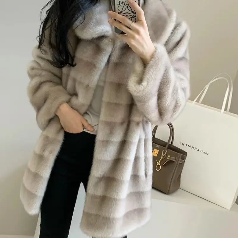 Winter thick low price single breasted recycle polyester turn-down collar red faux fur long coat women