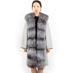 ホット販売90センチメートルロング毛皮のコートイスタンブールリアルフォックスファーの襟カシミヤコート女性暖かい冬のオーバーコート