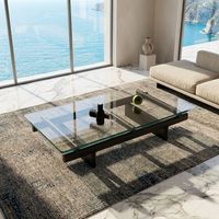Table basse rectangulaire moderne et durable, structure en bois massif, plateau en verre trempé de 12 mm, support en aluminium noir mat, personnalisable