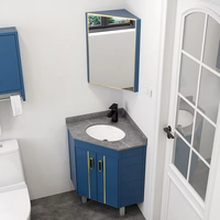 Meuble de salle de bain autoportant avec lavabo, armoire d'angle en aluminium bleu marine, poignée dorée, plateau en marbre, lavabo en céramique à encastrer sous le plan