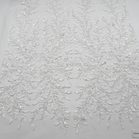 GCW-2410641-11 Dentelle Broderie Perles Feuille et Vigne Blanc Cassé sur Tulle pour Robe de Mariée et Couture