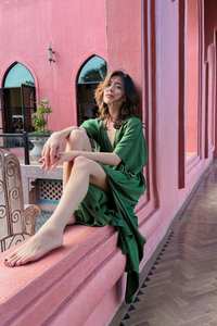 2024 Handblock impreso Pure Viscone mujer Casual cuello en V Maxi vestido boda noche fiesta playa vestido - Product Image 5