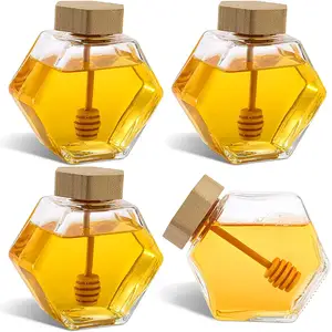 Frascos de vidrio con forma hexagonal para miel, recipiente de almacenamiento con jarra de madera y tapa de corcho, 7 Oz