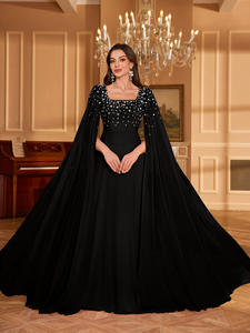 Robe de soirée Maxi en mousseline de soie à manches longues et fente au sol pour femmes de grande taille col <span class=keywords><strong>carré</strong></span> avec strass et paillettes - Product Image 2