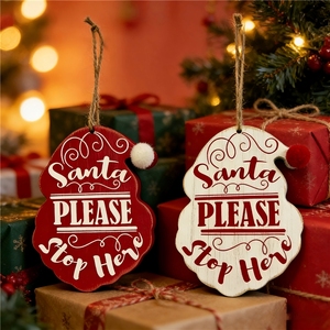 Adornos Decorativos Navideños de Madera con Diseño de <span class=keywords><strong>Santa</strong></span> Claus 'Por Favor, Deténgase Aquí' (Estilos Rojo/Blanco) - Product Image 2