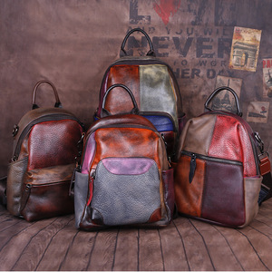 Ando Bag Genuine Cowhide Leather <b>Backpack</b> <b>for</b> <b>Women</b> Vintage Color Block <b>Travel</b> Daypack with Front Pocket - Product Image 1