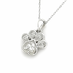 Collier pendentif adorable en forme de patte de chat, en or blanc massif 18 carats, avec breloque en forme de cœur et de poire, poids total de 0,4 carat. - Product Image 1