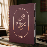 Agenda Exécutif Mensuel et Hebdomadaire Personnalisé 2026-2027 avec Couverture en Papier Spirale Bordeaux B5, Motifs Floraux, Onglets et Poche