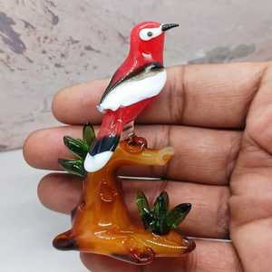 Handblown Glass <b>Bird</b> Figurine Red White Black <b>Perched</b> On Tree Base Animal Decorative Craft Art Piece - Product Image 3