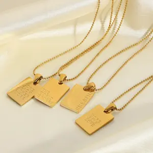 Dainty Words Charm Necklace 18K Gold Plated Waterproof Square Engraved Inspiring Pendant Necklace Jewelry for Gifts