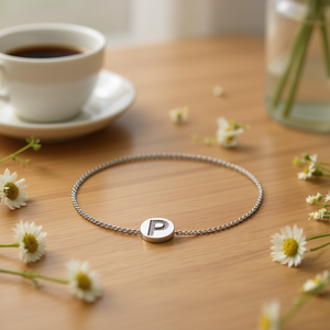 Bracciale in Acciaio Inossidabile Acero con Ciondolo Lettera P su un Lato, 1 cm, Gioielli Moda Donna - Product Image 3