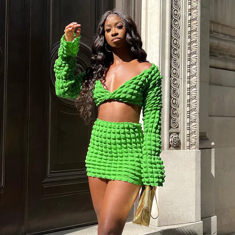 2 Piece Set Crop Top And Mini Skirt Fall Outfits Women 2022 Green Sexy Long Sleeve Dress Suit