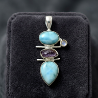 Handgefertigte Natürliche Sterling Silber Hängeohrringe mit Blauem Larimar, Amethyst und Mondstein - Hochzeits- und Partygeschenk Schmuck für Frauen