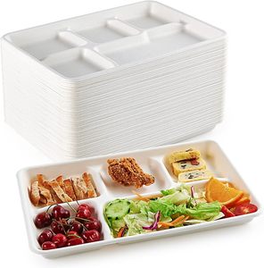Barquettes alimentaires en fibre de bagasse naturelle à 5 compartiments, assiettes biodégradables divisées pour le déjeuner scolaire - Product Image 1