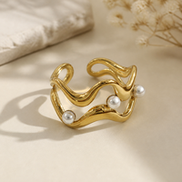 Bague polyvalente plaquée or 18 carats avec perle ondulée large, style euro-américain, pour femme, idéale pour l'automne et l'hiver, bijou de main pour usage quotidien