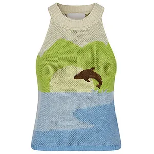 Custom OEM & ODM Logo Sweater women Jacquard design knitwear ladies Knitted Girls pullover cotton knit top sweater vest