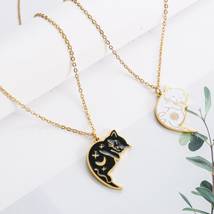 Colar de Pingente Moderno de Aço Inoxidável com Desenho Animado Vintage de Gato Sol e Lua, Corrente de Elos, Presente para Crianças, Mulheres e Casais - Product Image 3