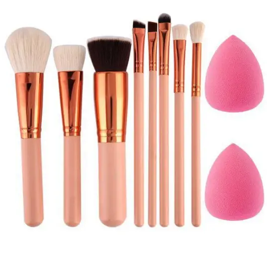 Hot New 8pcs Makeup Brush Beauty Tool Pink Gold Water Drop Powder Puff Scrub Sponge Combination Tool