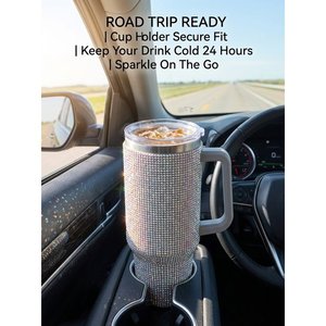 Gobelet isotherme à double paroi en acier inoxydable 304 de 40 oz avec strass, poignée, couvercle à paille et support pour porte-gobelet OEM - Product Image 2