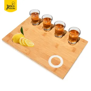 Youlike-bandeja de guarnición de bambú, vaso de vidrio de 6 disparos de Soda, con soporte de madera con tablero de tiza, vino y whisky