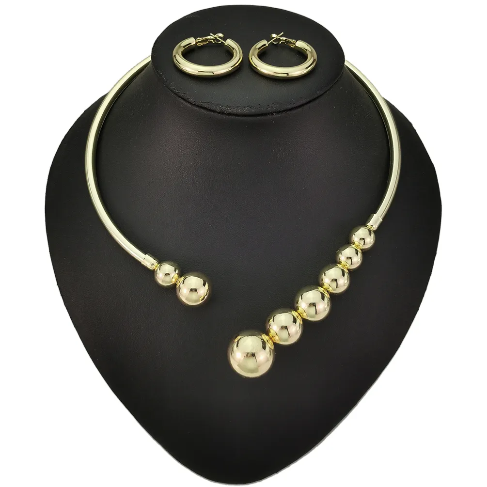 Высокое качество позолоченный индийский комплект ювелирных изделий массивные медные металлические бусины модное ожерелье-чокер круговой обруч серьги наборы