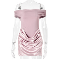 Robe Courte Femme Sexy Épaules Dénudées Col Bardot Drapé en Satin Coupe Moulante Taille Basse Tenue de Soirée 2026