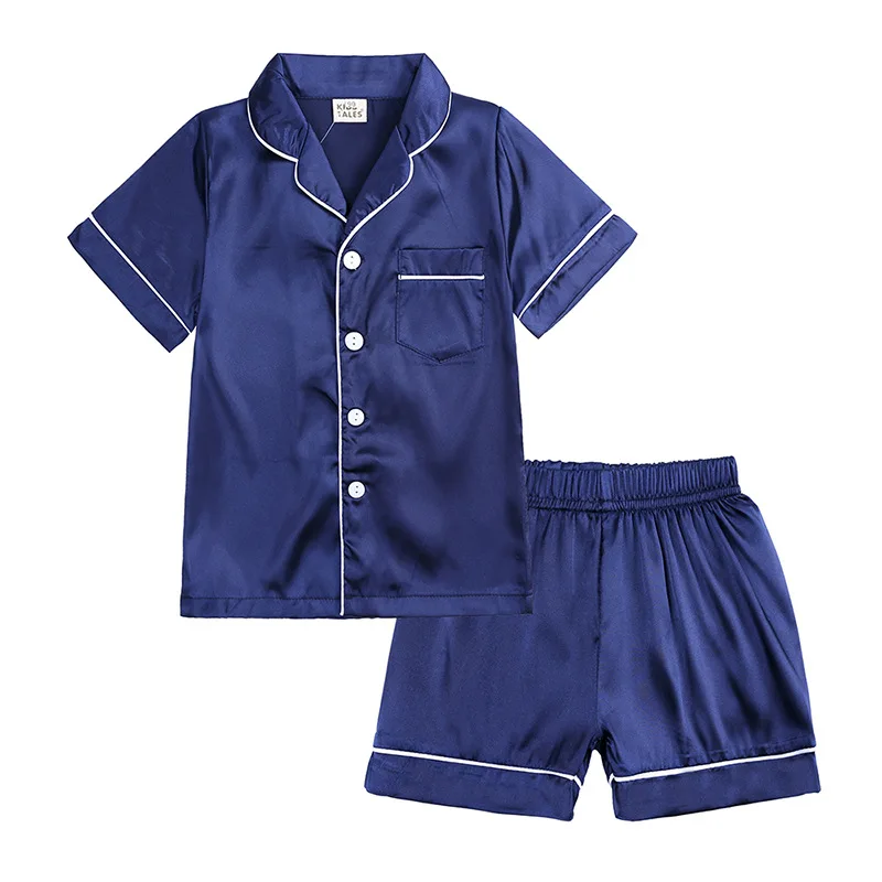 Kids Summer Pajamas Sets Silk Satin Pajamas Boys Girls Clothing Sets Pyjamas Short Sleeve Blouse Tops + Shorts Sleepwear