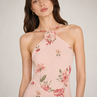 Gaun Halter Bunga SHENGFU Custom OEM untuk Wanita, Gaun Prom Elegan Kasual Midi Tanpa Punggung, Pakaian Chiffon Bunga 3D