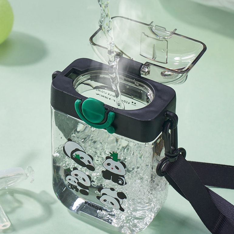 Cartoon Panda Portable 470ml Square Children's Outdoor School Kids Plastic Straw Water Bottle With Strap