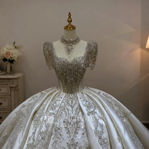 Vestido de Novia de Satén con Bordado Cuadrado y Pedrería, con Accesorios para el Cuello, Vestido Noiva Lsjj18 - Product Image 2