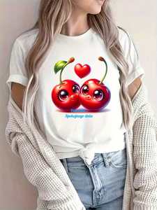 Cherry Love T-shirt da donna in cotone comoda a maniche corte con scollo rotondo, speciale per San Valentino, stampa casual per tutte le stagioni - Product Image 3