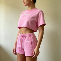 T-shirt court personnalisé avec logo pour femme, short à cordon de serrage, col rond ample, 100% coton, streetwear d'été pour ensemble deux pièces