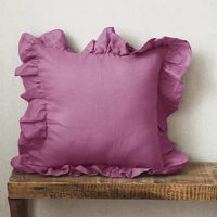 Housse de coussin en lin pur 170 g/m², housse de coussin décorative à volants avec fermeture éclair invisible, taie d'oreiller carrée décorative
