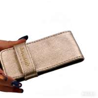 Pochette à pinceaux de maquillage en PU grainé or champagne avec sangle auto-agrippante, portable, durable et élégante, sac de rangement pour maquillage