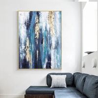 Peinture bleue abstraite avec feuille d'or peinte à la main, Art mural, peinture à l'huile sur toile, peinture à l'huile personnalisée