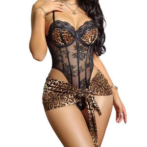Женский комплект из 2 предметов: кружевное боди-комбинация с леопардовым принтом, сексуальный корсет-топ для рейва с мини-юбкой-накидкой - Product Image 5