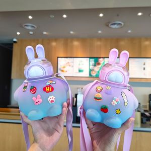 Cartoon Rabbit Straw Cup Gradient Color Large Capacity Plastic Cup Outdoor Carrier For Children And Students - Product Image 1