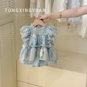 Tongxingyuan Girls' Summer Outfit Set Cotton Lace Floral <b>Top</b> Shorts Two Piece Thin Fabric Kids Clothing - Product Image 4