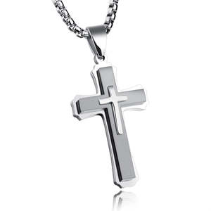 Grand collier pendentif en acier titane pour hommes et adolescents, bijoux, trois couches, croix de Jésus, crucifix, colliers avec chaîne en boîte - Product Image 5