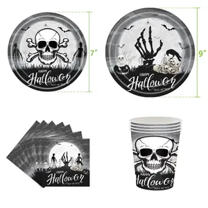 DAMAI Custom Black and White Skull Paper Plates Halloween Party Supplies Disposable Paper Tableware Set Party & Holiday Supplies